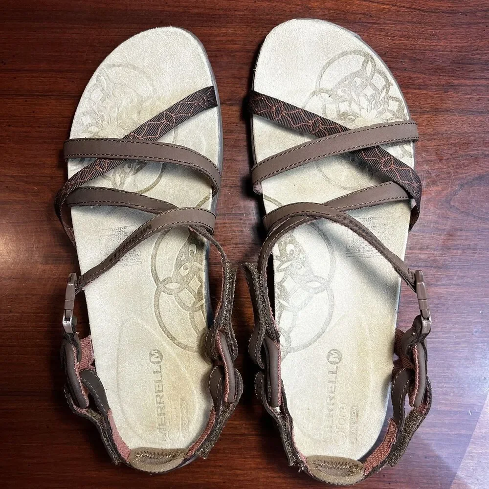 Merrell Sandals Women 10 Jacardia Dark Earth Strappy Leather Hiking Trail J57606